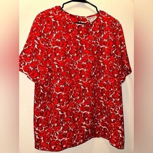 Breckenridge Poppy red floral print plus size short sleeve lightweight blouse 14